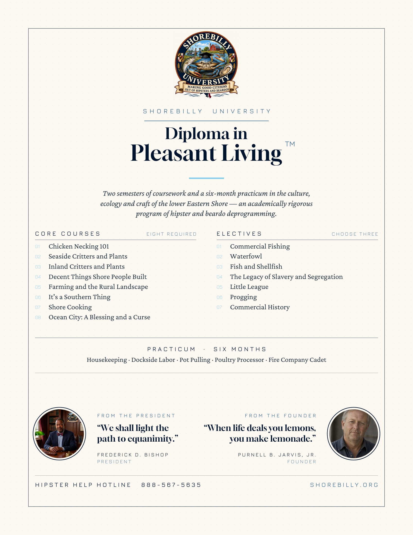 Shorebilly University flyer for the Diploma in Pleasant Living program
